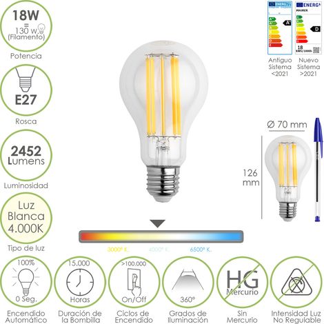 Bombilla Led Filamento Standar Rosca E27. 18 Watt. Equivale A 130 Watt. 2462 Lumenes. Luz Neutra 4000º K.