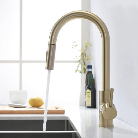- Rubinetto da cucina - Miscelatore per lavello - Doccetta estraibile - Girevole a 360° - Finitura oro spazzolato (1/5)