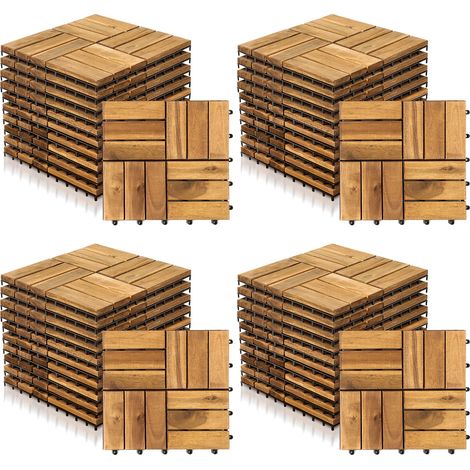 TolleTour Lot de 44 dalles en bois dalles de terrasse 12 lattes 4 m², 30 x 30 cm, Dalles clipsables en bois d'acacia