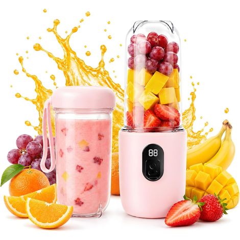 Blender Portable, 500 ml Blender Smoothie avec Affichage Numérique, Rechargeable Mini Blender Portable Batterie de 1500 mAh, 16 Lames Mixeur Smoothie pour Voyage Cuisine Bureau Extérieur (Rose) (1/5)