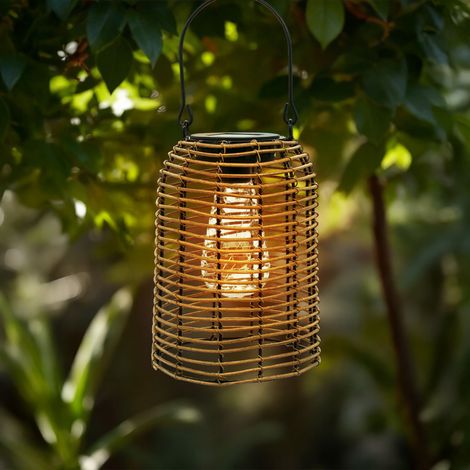 Solar Hängeleuchte in Rattan Optik natur mit LED Glühbirne - 20 cm - Gartenlaterne warmweiß beleuchtet zum Hängen und Stellen