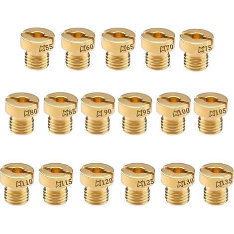Lot de 17 buses de carburateur M6 pour carburateurs Dellorto de différentes tailles (55 à 135 mm : 55, 60, 65, 70, 75, 80, 85, 90, 95, 100, 105, 110, 115, 120, 125, 130, 135), en laiton, diamètre 17,5 (1/5)