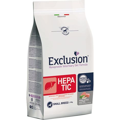 Exclusion Dog Hepatic Adult Small Breed Maiale, Riso e Piselli - Sacco 2 Kg - Cibo Secco Cani (1/2)