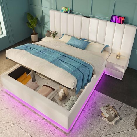 Letto contenitore in PU bianco 160x200 cm con LED, ricarica USB/Type-C e rete a doghe (1/5)