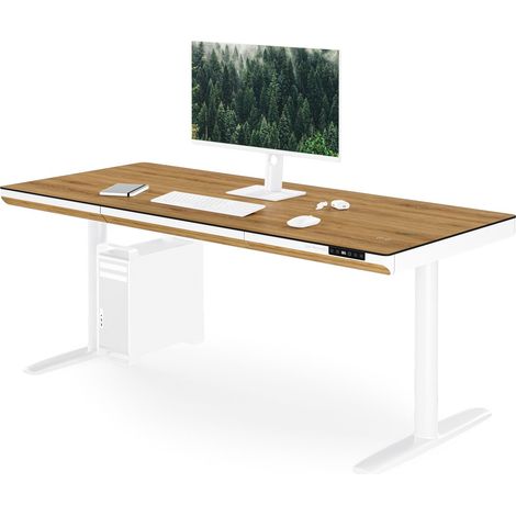 Bureau électrique assis-debout avec tiroir et chargeur sans fil Qi blanc/chêne doré, 1600 mm: ELLIS