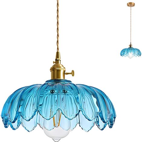 Abat-jour en verre en forme de lotus pour lustre, lustre de style industriel rétro, E27, ampoule non incluse (bleu).