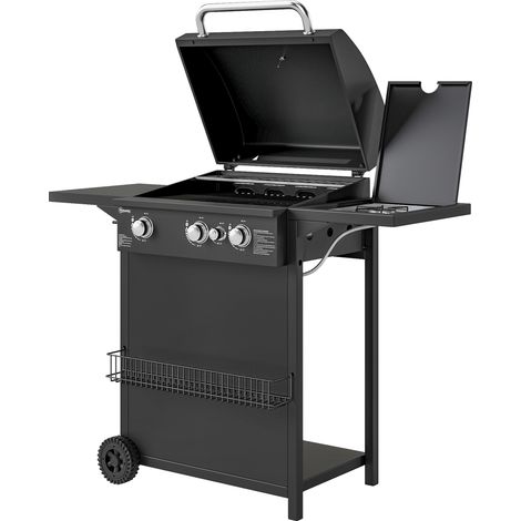 Barbecue gaz 3+1 brûleurs acier 9,5 kW, jardin 2 grilles, étagères latérales, 2 roues, noir (1/5)