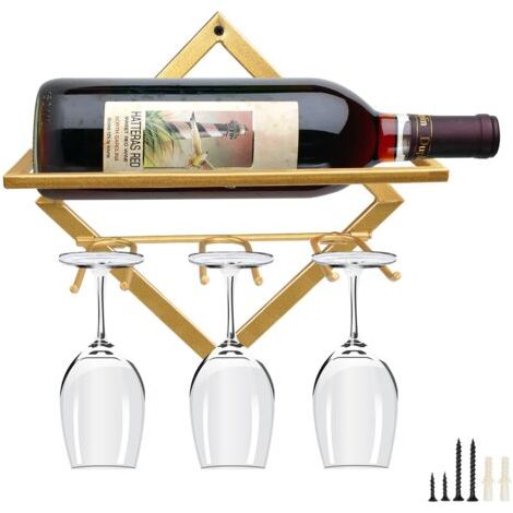 Supports Muraux pour Bouteilles de Vin en Métal, Rganisateur de Casier à Vin Suspendu Pliable pour 2 Bouteilles d'alcool, Étagère Murale Casier à Vin pour Cave De Bar De Cuisine (1, Gold-B)