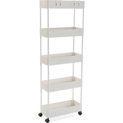 Meuble auxiliaire de Salle de Bains, Chariot de Rangement ou charrette, avec 5 étagères et sur roulettes, (H x l x L) 116 x 18 x 40 cm, ABS et Plastique, Couleur: Blanc (1/5)