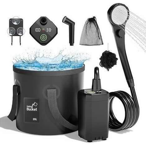 Douche Camping, 6000mAh Pompe de Douche Électrique Rechargeable avec Douche Filtrante, Affichage Intelligent de la Température et Pression d'eau réglable pour Camping Randonnée Animaux-DELKEVIC
