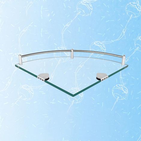 Quatre étagères d'angle de douche en verre, 230x330mm, transparentes, avec supports en alliage d'aluminium. (1/5)