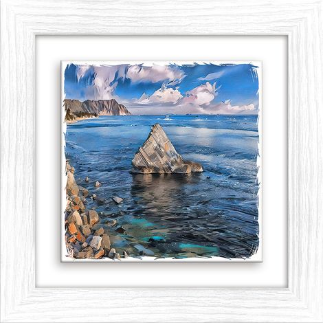 Lupia - Quadro moderno con paesaggi e localismi italiani, Ceramica e Stampa Rilievo, Cornice Legno Shabby Modern bianca, Decorazione Parete, Quadretti Soggiorno, 29x29 cm, ANCONA RIVIERA DEL CORNERO (1/4)