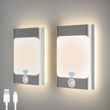 Set aus 2 Wandleuchten für den Innenbereich mit Bewegungsmelder, 3000K, Multi-Kombinationssensor, USB-wiederaufladbar, Nachtlicht. (1/4)