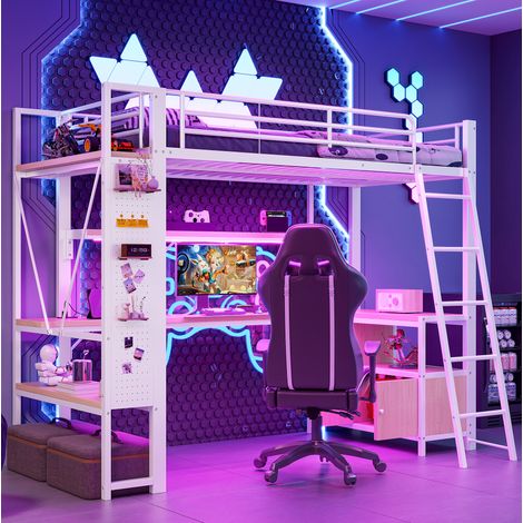 Cama alta con escritorio y estantes LED blanca OKMYHOME (1/5)