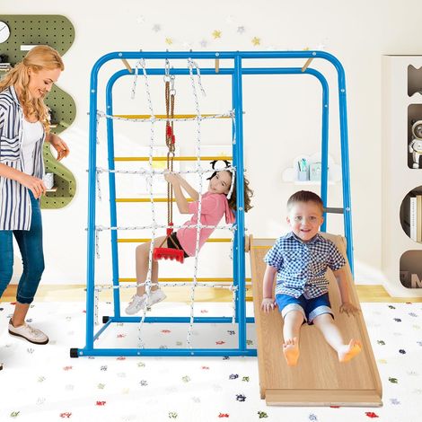 GOPLUS 6 en 1 Structure Escalade Intérieur pour Enfants, Aire de Jeux Montesorri avec Toboggan, Balançoire, Barres de Singe, Échelle, Mur de Cordes, Cadre Métallique, pour Garçons et Filles de 3+ Ans (1/5)