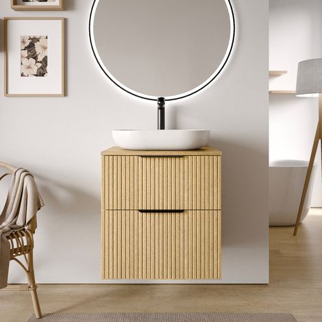 BERNSTEIN - Mobile lavabo sospeso MDF Rovere striato 60x46x62cm, Piano lavabo bianco lucido + Maniglia cromata - TIM60	cromo, Bianco lucido, Rovere profilato grigio nebbia