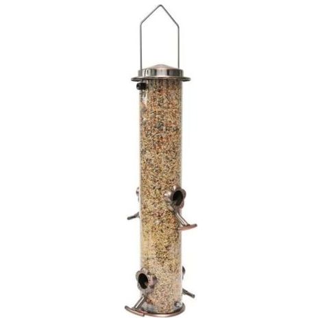 Mangeoires à oiseaux en métal Mangeoire à oiseaux en métal Acier inoxydable pour l'extérieur À suspendre Finition cuivre entièrement métallique 15 pouces 4 ports (graines non incluses) (1/5)