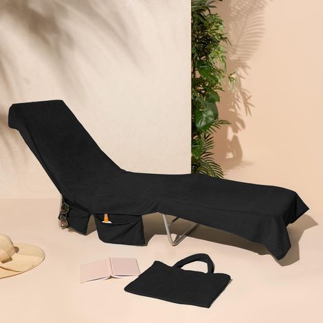 Serviettes de Bain de Soleil avec Poches, Serviette de Plage Noire, Accessoires de Chaise Longue, Vacances, Piscine, séchage Rapide, 215 cm x 75 cm (1/5)