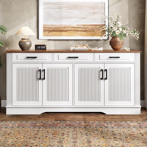 Buffet Bois Massif Blanc, Enfilade Moderne 3 Tiroirs 4 Portes Motif 3D Cannelé - Meuble de Rangement Salon Couloir, 160x40x75 cm (1/5)