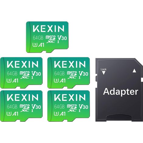 Carte Micro SD 64 Go Carte Mémoire 5 Pièces 64Go microSDXC Full HD & 4K UHD UHS-I U3 V30 A1 Lot de 5 Micro Cartes SD Stockage Externe pour Smartphone Android, Tablette (Adaptateur SD Inclu) (1/5)