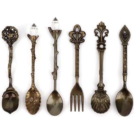 6 Pièces Cuillères et Fourchettes Vintage en Alliage de Zinc, Accessoire de Cuisine Rétro Design Cœur Vert Bronze (1/5)
