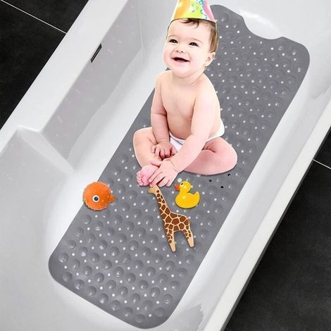 Tappetino da bagno antiscivolo, 100 x 40 cm, extra lungo, lavabile in lavatrice, con ventose, in PVC (grigio) (1/4)