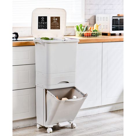 Poubelle de tri sélectif grande capacité, surélevée et mobile, 3 niveaux, 32 L, 36 x 26 x 84 cm. (1/5)