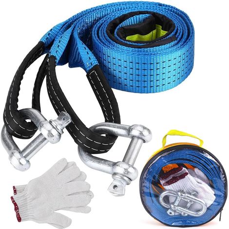 Barre de Remorquage Voiture 5 CM x 5 M, 10T Sangle Remorquage avec Manille Haute Résistance, Sangle de Remorquage avec 1 Sac Rangement et 2 Gants Anti-Proof pour Remorques d'urgence et Routières (1/5)