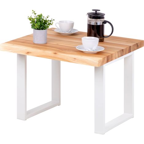 LAMO Manufaktur Table basse en bois, tabouret ou banc pour le salon 60x60x47 cm (long. x larg. x haut.), Type : Modern, Plateau : Frène Naturel, Pieds : Blanc, LKG-01-A-002-9016M
