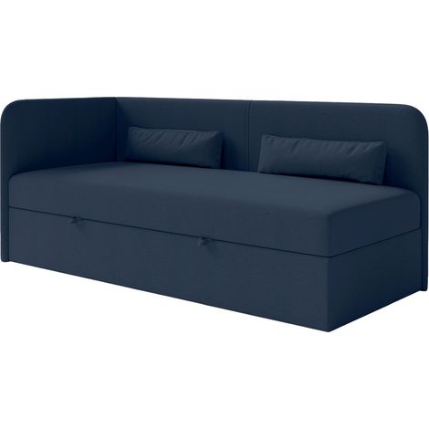 Selsey Calmmo – Jugendbett 90x200 mit Bettkasten, Chenille-Bezug, Kopfteil links, Dunkelblau