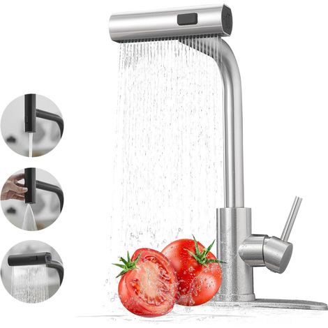 Küchenarmatur mit ausziehbarer Brause, Wasserfall-Küchenarmatur, Einhebel-Küchenarmatur mit 360°-Drehfunktion, 3 Funktionen – Bürsten (1/5)
