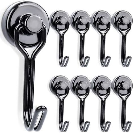 Set di 8 ganci magnetici al neodimio extra resistenti, 10 kg + 16 mm - Ganci girevoli con magneti per appendere oggetti a soffitto, campeggio, furgoni, barbecue, neri, 16 mm, 8 pezzi (1/5)