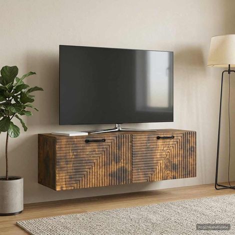 Meuble TV mural avec rangement, bois d’ingénierie chêne fumé, 2 portes, 98 x 31 x 30 cm - PANGIVO (1/5)
