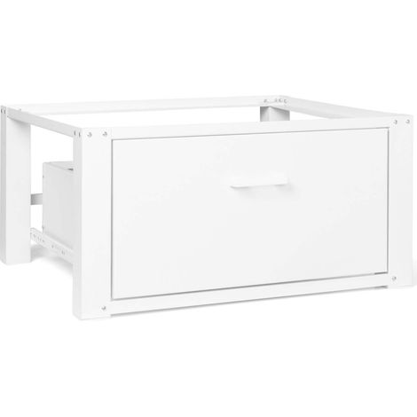 Idmarket – Support pour machine à laver 63 x 54 cm – Socle réhausseur en métal blanc – Tiroir de rangement – Charge jusqu'à 100 kg