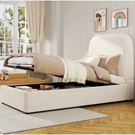 Polsterbett mit hydraulischem Stauraum, gepolstertem Kopfteil, Samt, Beige (1/5)