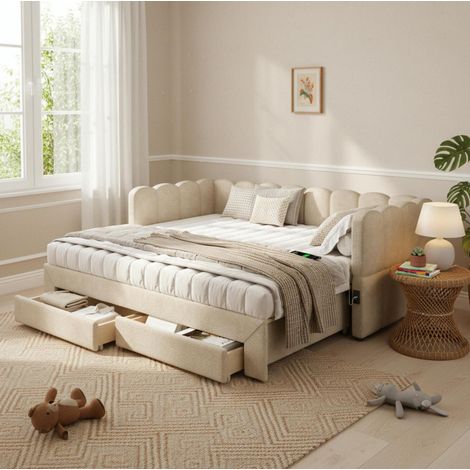 Letto divano estensibile 90x190 cm con 2 cassetti, USB e USB-C, ciniglia beige, OKWISH (1/5)