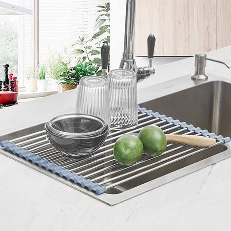 30x34cm Séchoir Grille D'Evier À Vaisselle Roll-Up 100% sans BPA Pliable pour Fruits légumes Assiette, gris (1/4)