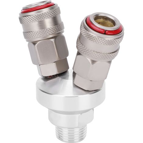 Connecteur 2 voies pneumatique chromé, raccord rapide acier carbone, filetage G1/2, composant industriel, coupleur mâle double entrée, finition brillante, usage air comprimé. (1/5)