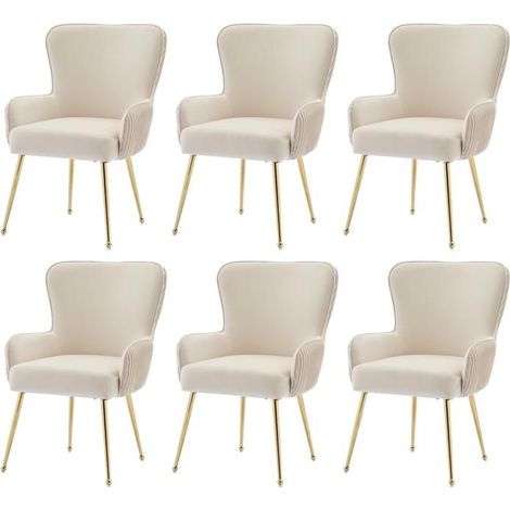 Lot de 6 chaises salle à manger velours beige avec accoudoirs, dossier plissé et pieds métal doré (1/5)