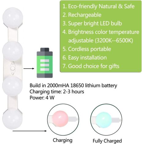 Lampe de maquillage LED pour miroir - 4 lampes, dimmable, portable rechargeable sans fil, style Hollywood, éclairage pour miroir de salle de bain (sans miroir) (1/4)