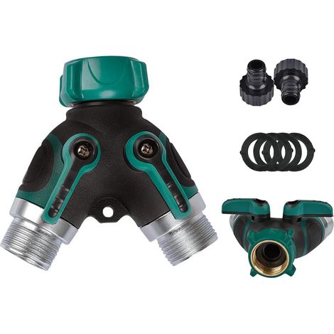 Séparateur de robinet à 2 voies 3/4", raccord de tuyau d'arrosage avec vannes marche/arrêt individuelles, adaptateur de robinet avec 2 connecteurs et 4 rondelles en caoutchouc