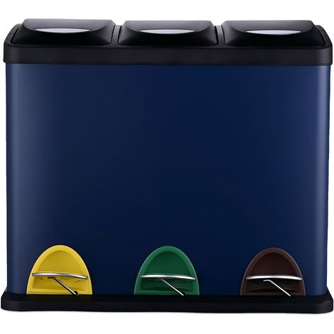 Cestino Relaxdays, 3 scomparti, 24 L, pedale, separatore per cucina, HLP: 39,5 x 46 x 26,5 cm, metallo, blu