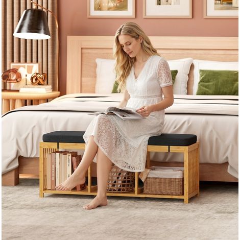 Schuhbank mit Sitzkissen und 3 Fächern 102 cm Bambus OKMYHOME (1/5)