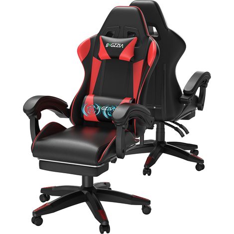 Ergonomic Gaming Chair Massage Recliner Footrest PU Leather Red (1/5)