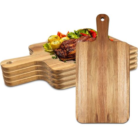 Lot de 5 planches à découper en bois d'acacia avec poignée - Planches à découper en bois pour viande, pain, fruits, fromage - Planche de service, planche à charcuterie, blocs de découpe - 7,8x15,7 pou (1/5)