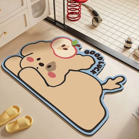 Tapis de bain absorbant en terre de diatomées 50×80 cm, forme découpée chien marron avec pomme, antidérapant pour salle de bain (1/3)