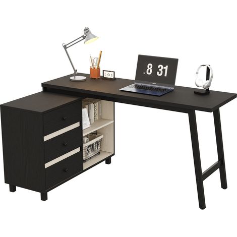 Bureau d’angle en L 150 x 100 x 76 cm avec trois tiroirs, deux compartiments de rangement ouverts, pieds en tubes d’acier, plateau spacieux, noir et blanc (1/5)