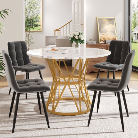 MEUBLIV Ensemble table à manger 5 pièces rond 100 cm gris et doré avec 4 chaises en velours (1/5)