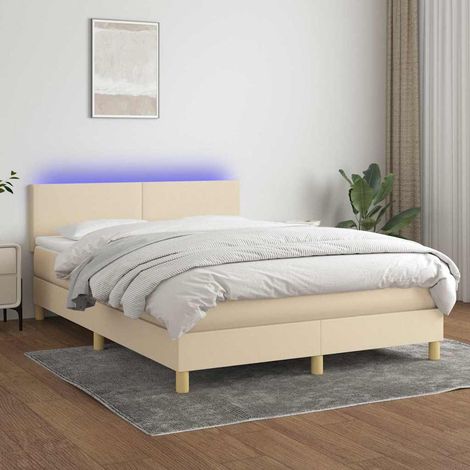 Cama box spring colchón y luces LED tela crema 140x190 cm (1/5)