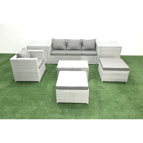 Fimous 7 Pièces Salon de jardin Canapé de jardin avec Fauteuil Table basse 2 Tables d'appoint 2 Grand tabourets Gris clair mixte (1/4)